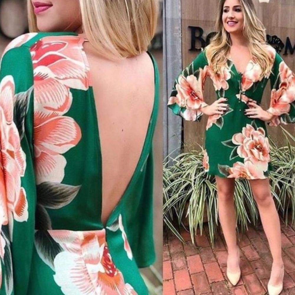 FARM Rio Green Floral Long Sleeve Short Dress
